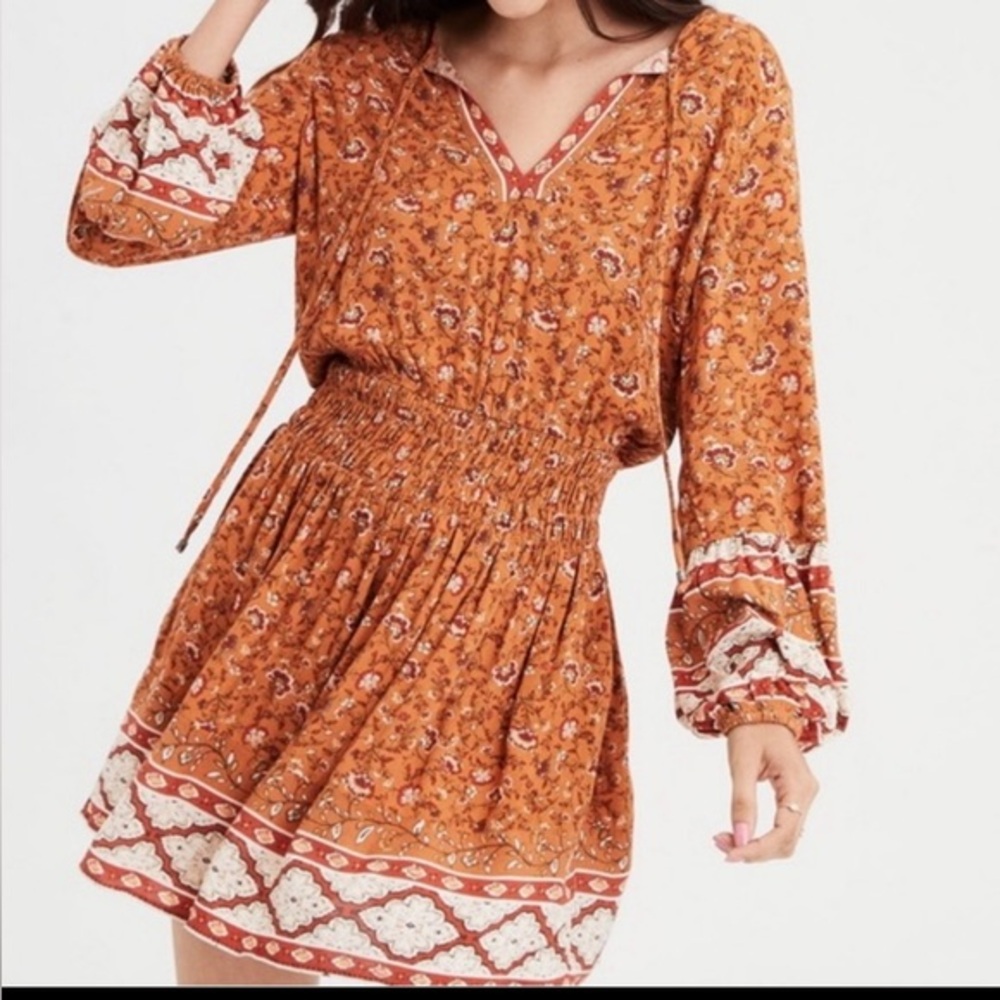 American Eagle Women's Boho Burnt Orange Floral Smocked Mini Dress